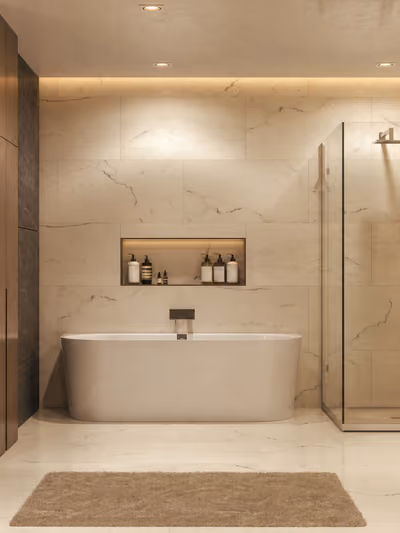 Spa-style bathroom with a freestanding tub, walk-in glass shower, marble tile walls, and a floating wood vanity