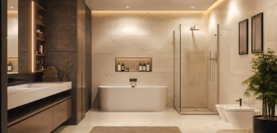 Spa-style bathroom with a freestanding tub, walk-in glass shower, marble tile walls, and a floating wood vanity