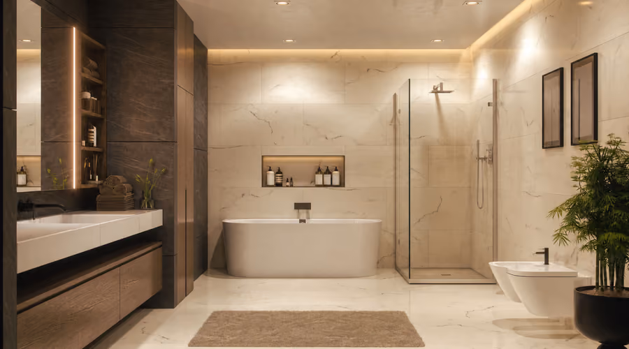 Spa-style bathroom with a freestanding tub, walk-in glass shower, marble tile walls, and a floating wood vanity