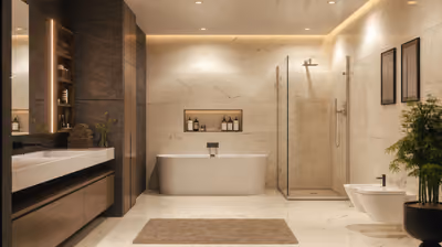 Spa-style bathroom with a freestanding tub, walk-in glass shower, marble tile walls, and a floating wood vanity