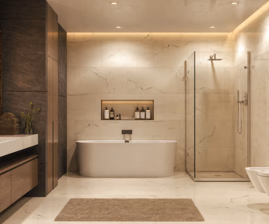 Spa-style bathroom with a freestanding tub, walk-in glass shower, marble tile walls, and a floating wood vanity