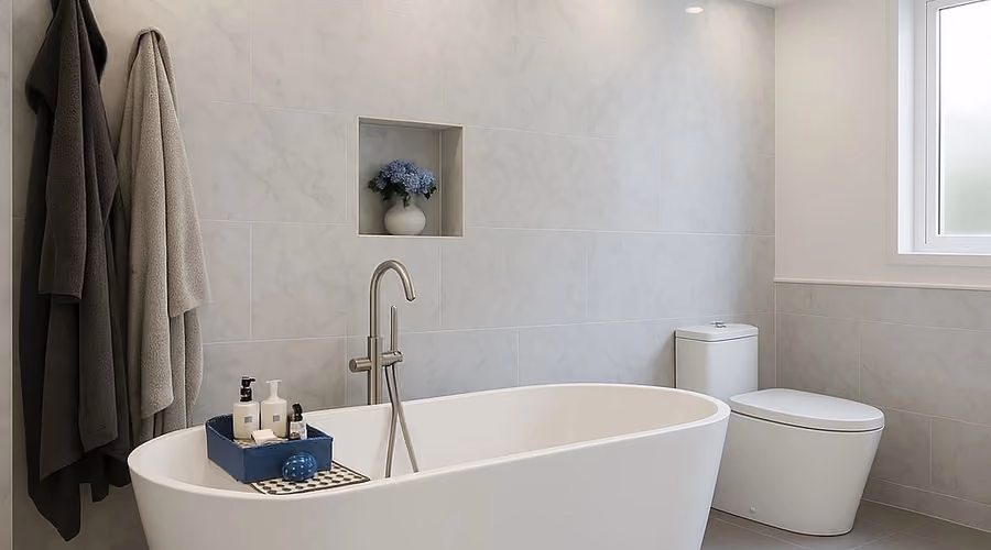 Bright renovated bathroom with a freestanding tub and marble-look tile