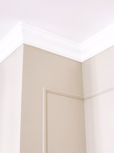 Close-up of a finished interior corner showing crisp white crown molding at the ceiling and a paneled wainscoting accent wall below