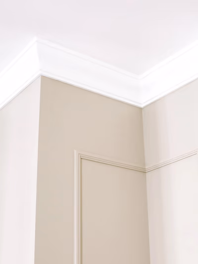 Close-up of a finished interior corner showing crisp white crown molding at the ceiling and a paneled wainscoting accent wall below