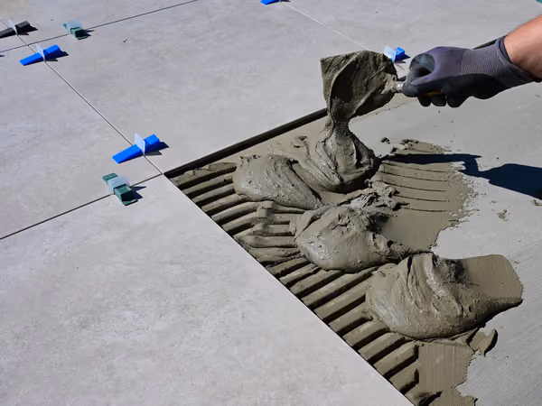 Installer applying thinset mortar with a notched trowel while setting large-format floor tile with leveling clips