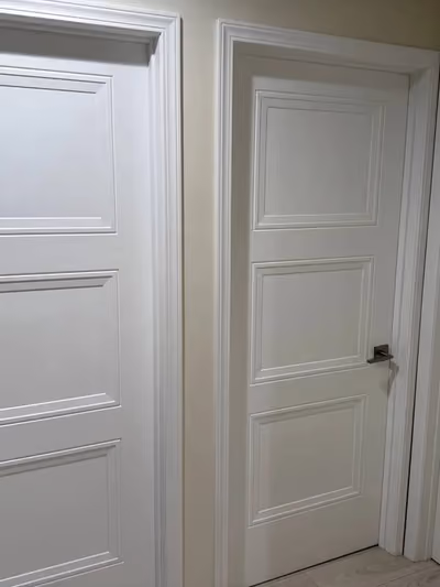 Two white paneled interior doors with satin nickel lever handles