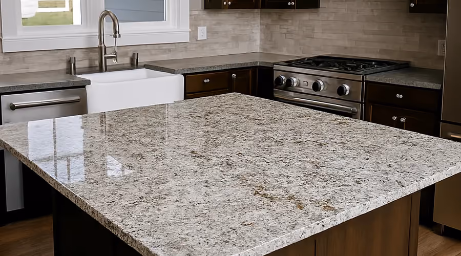 Kitchen island with polished granite countertop