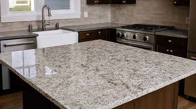 Kitchen island with polished granite countertop