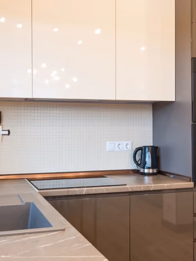 Sleek modern kitchen with dark high-gloss cabinetry and built-in stainless appliances