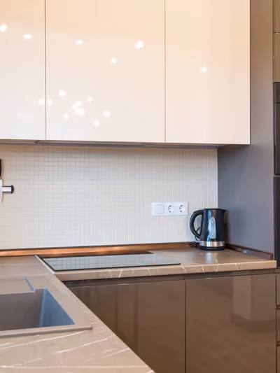 Sleek modern kitchen with dark high-gloss cabinetry and built-in stainless appliances