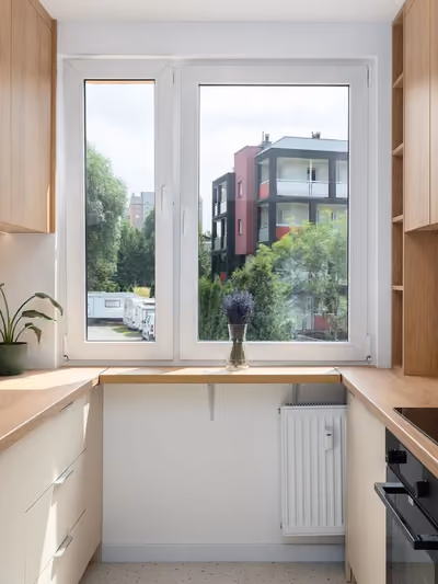 Small galley-style kitchen remodel with light oak cabinetry on two facing walls, wood countertops, a black induction cooktop, and a window at the end of the narrow layout